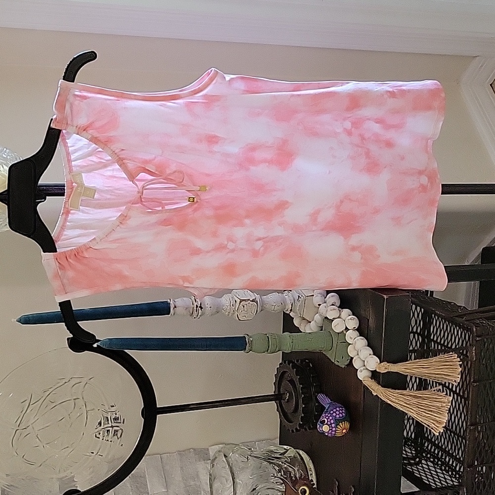 Michael Kors Pink/White Tie Die Top, Medium, Elastic keyhole neck, logo hardware
